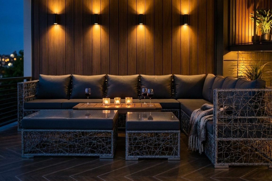 The terrace lounge at night, candles lit