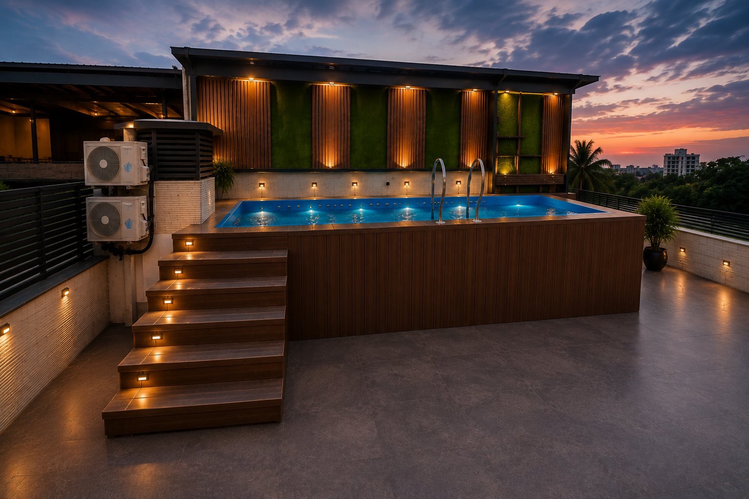 The open-air pool at dusk