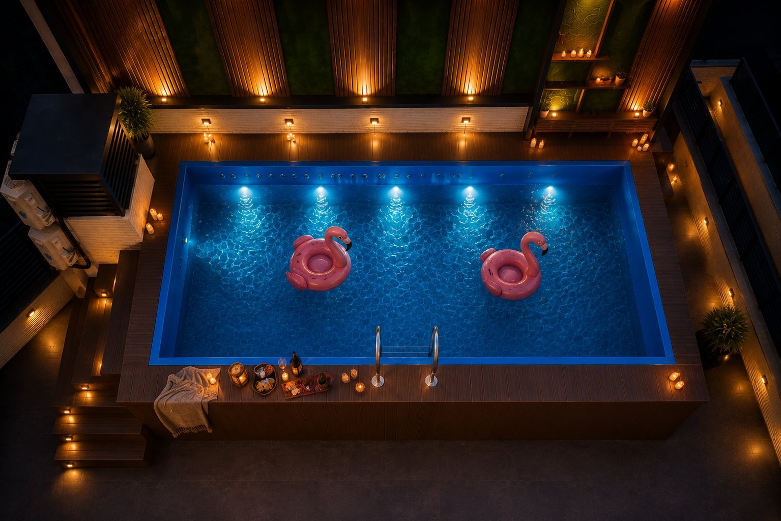 The pool at night with candles along the deck