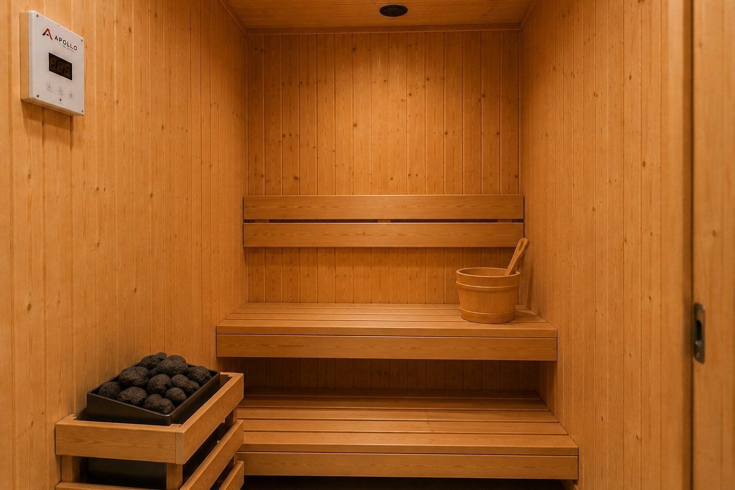 Inside the private sauna, benches and stone heater
